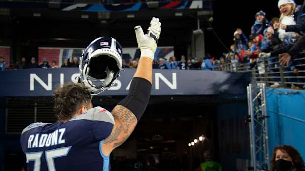 Tennessee Titans offensive tackle Dillon Radunz (75) celebrates their 20 to 17 win against the San Francisco 49ers at Nissan Stadium Thursday, Dec. 23, 2021 in Nashville, Tenn.